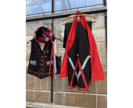A VINTAGE MORRIS DANCING UNIFORM COMPLETE WITH PIN BADGES