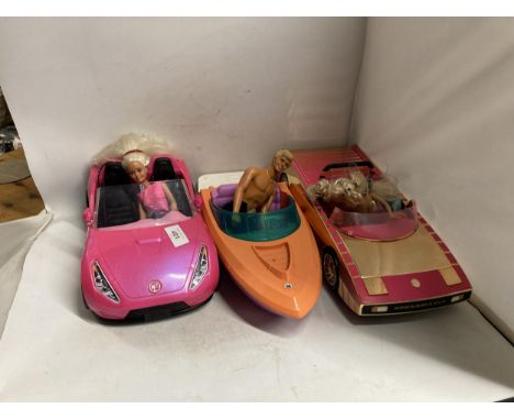 TWO BARBIE CARS AND A BARBIE SPEEDBOAT PLUS THREE DOLLS