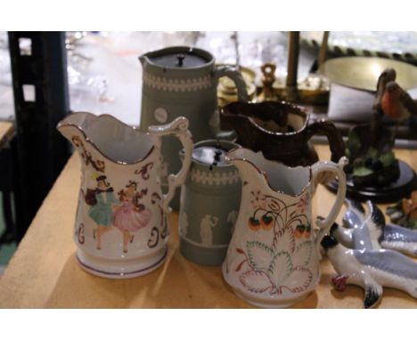 TWO DUDSON TANKARD SHAPED JUGS WITH PEWTER LIDS TOGETHER WITH AN ANTIQUE CERAMIC LUSTREWARE FIGURAL PITCHER, DOULTON LAMBETH 