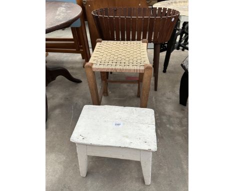 A SMALL WHITE PAINTED STOOL, HARDWOOD PLANT STAND AND SMALL STOOL WITH STRING TOP