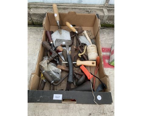 AN ASSORTMENT OF HAND TOOLS TO INCLUDE AN AXE, TROWELS AND A BRACE DRILL ETC