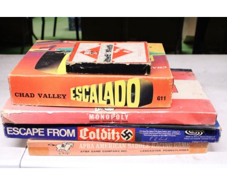 FIVE VINTAGE BOARD GAMES TO INCLUDE ESCALADO, COLDITZ, MONOPOLY, ETC