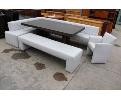A KOINOR OAK DINING TABLE, 81" X 46", ON SHAPED LEGS WITH CORNER SOFA, BENCH AND SINGLE CHAIR