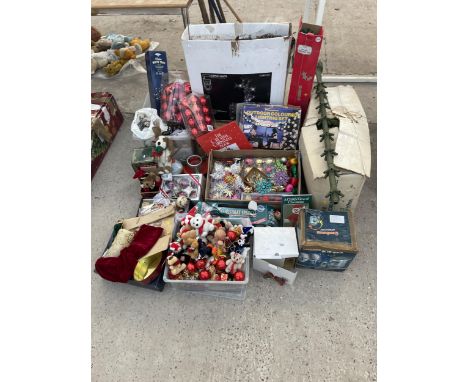 A LARGE ASSORTMENT OF CHRISTMAS ITEMS TO INCLUDE ARTIFICIAL TREES, AN LED LIGHT UP REINDEER, BAUBLES AND TEDDIES ETC