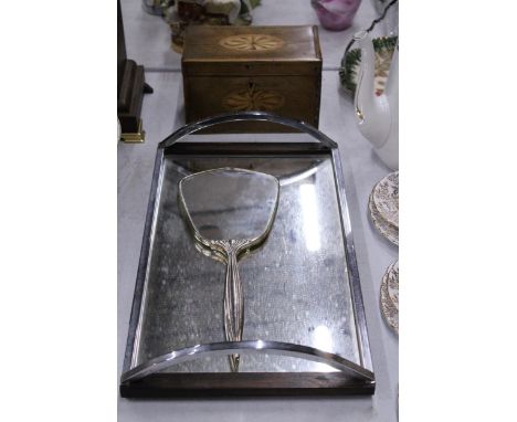 AN EDWARDIAN TEA CADDY WITH SHELL DECORATION INLAY PLUS A WALL AND HAND MIRROR