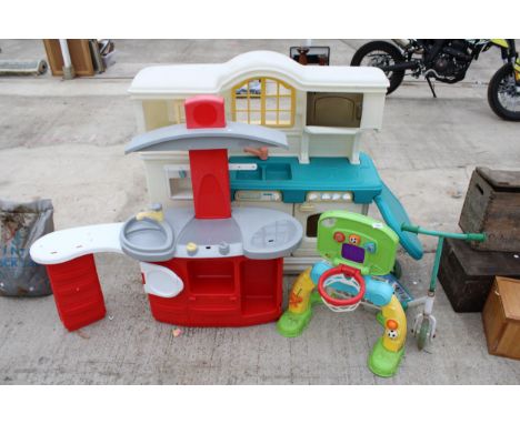 AN ASSORTMENT OF CHILDRENS TOYS TO INCLUDE TWO PLAY KITCHENS AND A SCOOTER ETC