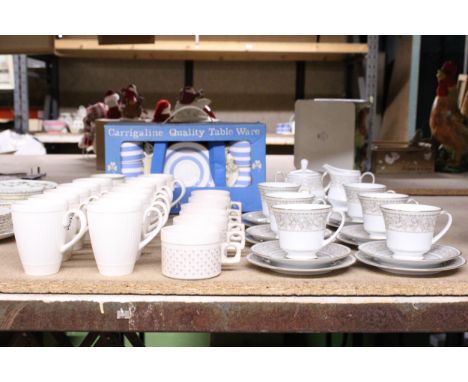 A QUANTITY OF TEAWARE TO INCLUDE WEDGWOOD 'WINDSOR' CUPS, A NORITAKE TEASET, CREAM JUG, SUGAR BOWL, CUPS, SAUCERS AND SIDE PL