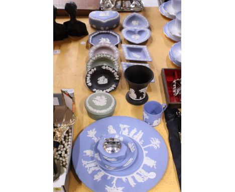 A LARGE QUANTITY OF WEDGWOOD JASPERWARE TO INCLUDE PIN TRAYS, LIGHTER, HEART SHAPED TRINKET BOX, TRUMPET VASE, ETC.,