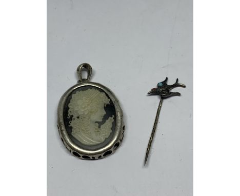 TWO SILVER ITEMS TO INCLUDE A CAMEO AND A BIRD DESIGN STICK PIN
