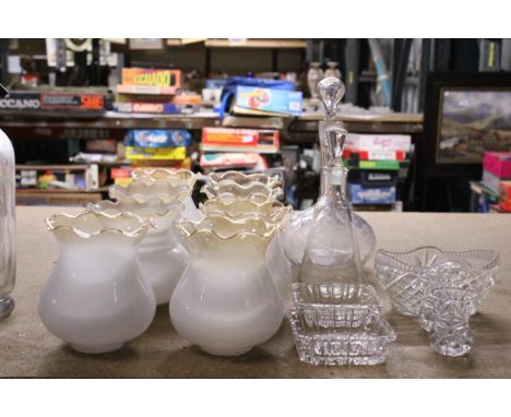 EIGHT VINTAGE GLASS LAMP SHADES PLUS TWO DECANTERS, ETC