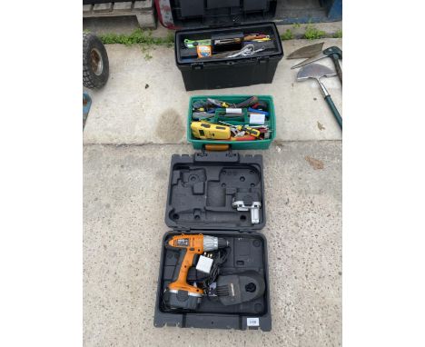 THREE ITEMS TO INCLUDE TWO TOOL BOXES AND TOOLS AND A 14.4V BATTERY DRILL