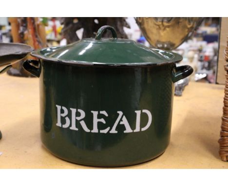 A VINTAGE GREEN ENAMEL BREAD BIN