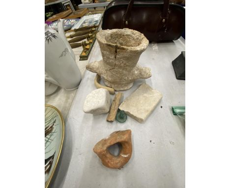 A COLLECTION OF CYPRIOT ARCHEOLOGICAL ITEMS COMPRISING OF TOP AN AMPHORA, MARBLE ETC. PROVENENCE FROM THE ESTATE OF A MAN WHO