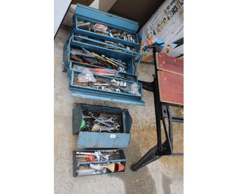 TWO METAL TOOL BOXES TO INCLUDE AN ASSORTMENT OF TOOLS TO INCLUDE SPANNERS AND SOCKETS ETC