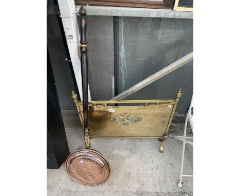 A VINTAGE BRASS FIRE SCREEN AND A COPPER BED WARMING PAN