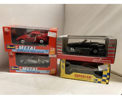 FOUR LARGE BOXED CARS TO INCLUDE REVELL PORSCHE 959,GEMBALLA AVALANCH,MAISTO MCLAREN AND MAJORETTE MERCEDES 500SL