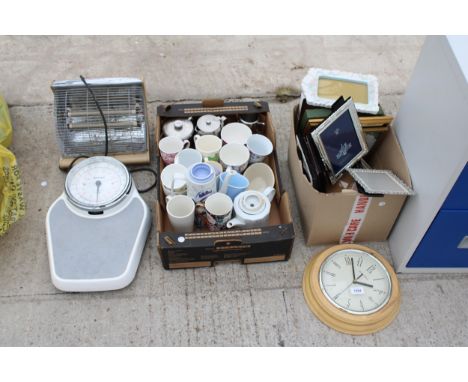 AN ASSORTMENT OF ITEMS TO INCLUDE A CLOCK, PICTURE FRAMES AND SCALES ETC