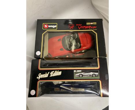 TWO LARGE BOXED CARS TO INCLUDE MAISTO JAGUAR XJ220 SPECIAL EDITION, BURAGO DODGE VIPER RT/10- BOTH AS NEW