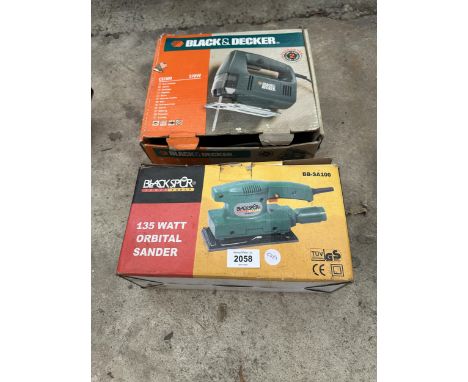 A BLACK AND DECKER ELECTRIC JIGSAW AND A BLACKSPUR ELECTRIC SANDER