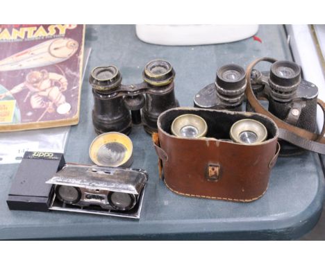 A QUANTITY OF BINOCULARS TO INCLUDE A PAIR OF VINTAGE FOLDING OPERA GLASSES, ZIPPO LIGHTER, ETC.,