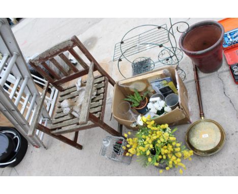 AN ASSORTMENT OF GARDEN ITEMS TO INCLUDE A STAND, PLANT POTS AND CAGES ETC