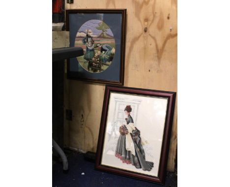 A WOOLWORK PICTURE OF FLOWER PICKING PLUS A TAPESTRY OF A LADY IN A GOWN