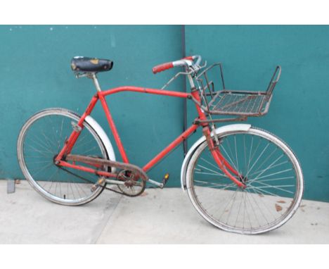 A VINTAGE POST OFFICE POSTMANS BIKE WITH FRONT BASKET