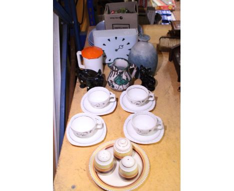 A QUANTITY OF MID CENTURY ITEMS TO INCLUDE FOUR MIDWINTER CUPS AND SAUCERS, A CRUET SET, PLATES, A RETRO MANTLE CLOCK, STUDIO