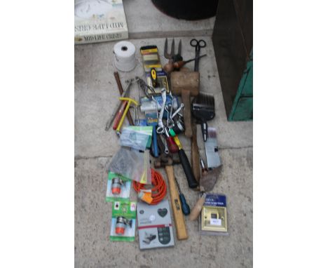 AN ASSORTMENT OF TOOLS TO INCLUDE SPANNERS, HAMMERS AND BRUSHES ETC
