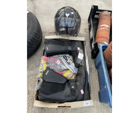 AN ASSORTMENT OF MOTORBIKE CLOTHING TO INCLUDE A HELMET AND VIPER BOOTS