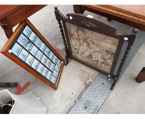 AN OAK BARLEY TWIST FIRESCREEN AND TWENTY FOUR FRAMED JOHN PLAYER OLD NAVAL CARDS