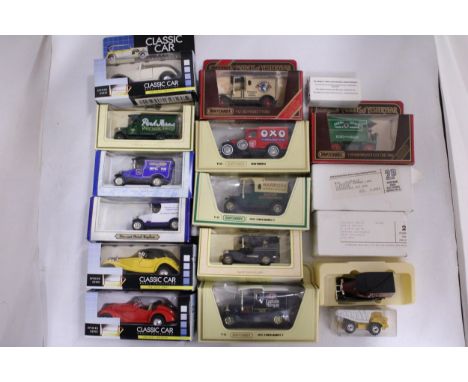 SEVENTEEN BOXED DIE-CAST VINTAGE STYLE CARS AND VANS - MATCHBOX, YESTERYEAR, LLEDO, ETC
