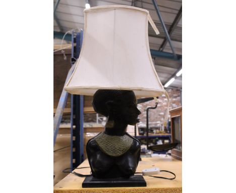 A TABLE LAMP WITH AN ETHNIC WOMAN BASE