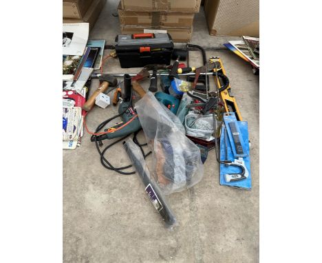 AN ASSORTMENT OF TOOLS TO INCLUDE A BOSCH DRILL, HAMMERS AND AN AXE ETC
