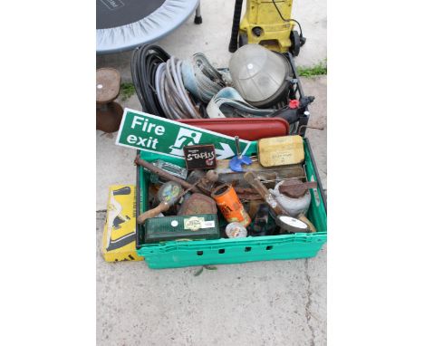 AN ASSORTMENT OF ITEMS TO INCLUDE A RATCHET STRAP, A WOOD PLANE AND AIR HOSE ETC