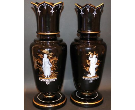 Pair Of French 19thC Amethyst Glass Vases, Finely Decorated Pate Sur Pate Classical Maidens With Gilt Highlights, Shaped Peta