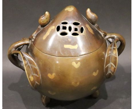 Antique Chinese Peach Shaped Twin Handle Bronze Censor with Gold Splash to Body and Cover, Raised on Tripod Bud Feet. Height 