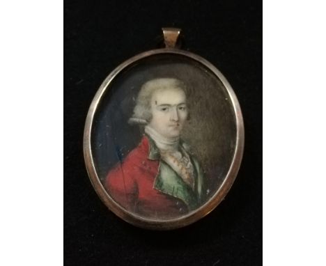 18th century portrait miniature of a military officer on ivory in a later english silver hallmarked oval frame -height 2½"