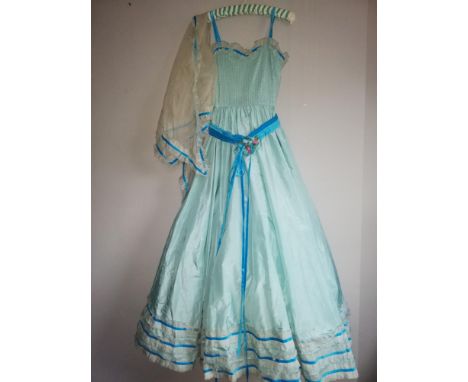 Vintage Regamus powder blue taffeta ballgown with 3 layer underskirt &amp; separate velvet floral belt &amp; shawl