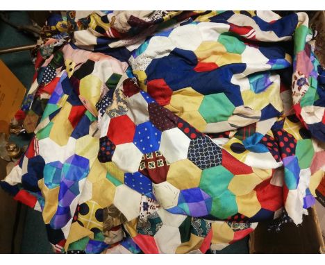 Pair of large tie silk vintage patchwork quilts (no backing)-approx 100" x 94" each 