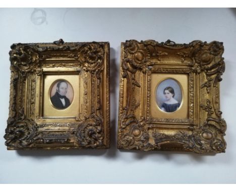 2 x portrait miniatures on ivory in gilt gesso frames framed by Paul Vacani, 157 Fulham Road, London-7" x 7½"-Andrew Francis 