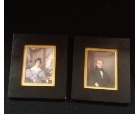 Pair of portrait miniatures of a lady &amp; a gentleman annotated to reverse on back of frame painted by William Hudson of Ne