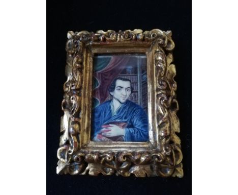 Portrait miniature on ivory in original gilt wood frame of Moses Mendelssohn (1729-86) - German Jewish philosopher -3¼" x 4"