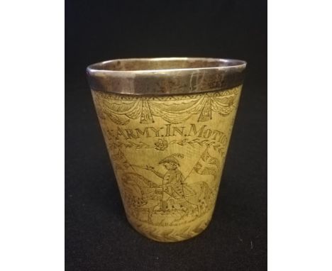 c.1815 scrimshaw horn beaker depicting Wellington at the Battle of Waterloo with inscription on the front "An.Army.In.Motion"