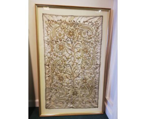 Framed embroidered silk panel - gold &amp; silver thread