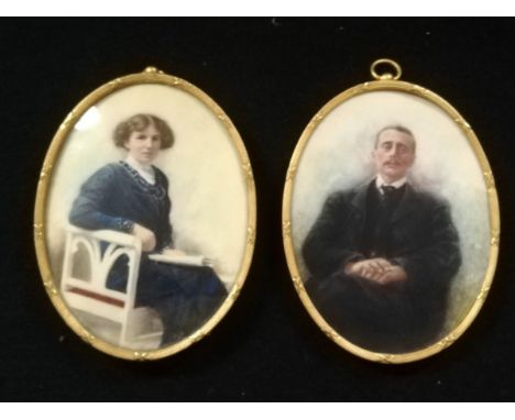 Pair of oval gilt metal framed portrait miniatures on ivory of Edwardian lady &amp; gentleman (1 lacks glass - loose mounted)