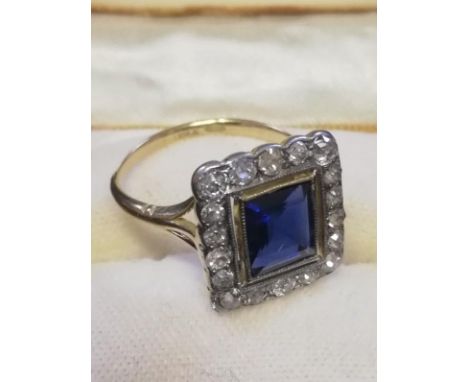 Antique 18ct (unhallmarked) yellow gold square sapphire and old cut diamond ring 