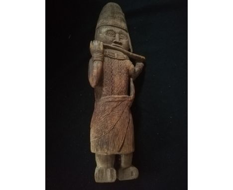 Old Benin wood statue playing instrument-17" high 