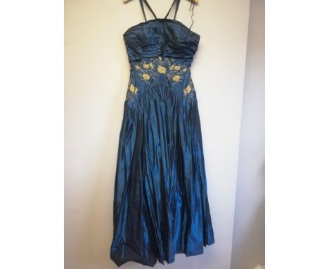 Vintage royal blue silk taffeta long ballgown with hand stitched gold &amp; silver beading with pearl detail with boned bodic