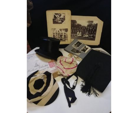 Of historical interest - Eton college boxed top hat to DSR, mortarboard J W Roberts, 2 sporting caps (1 named F A Janson &amp